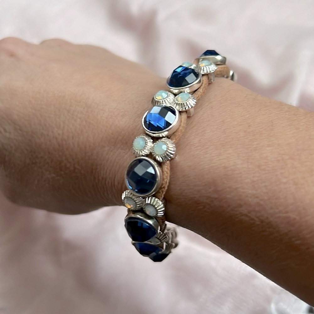 Faux Sapphire and Air White Opal Rhinestone Statement Bracelet 7.25 inches.